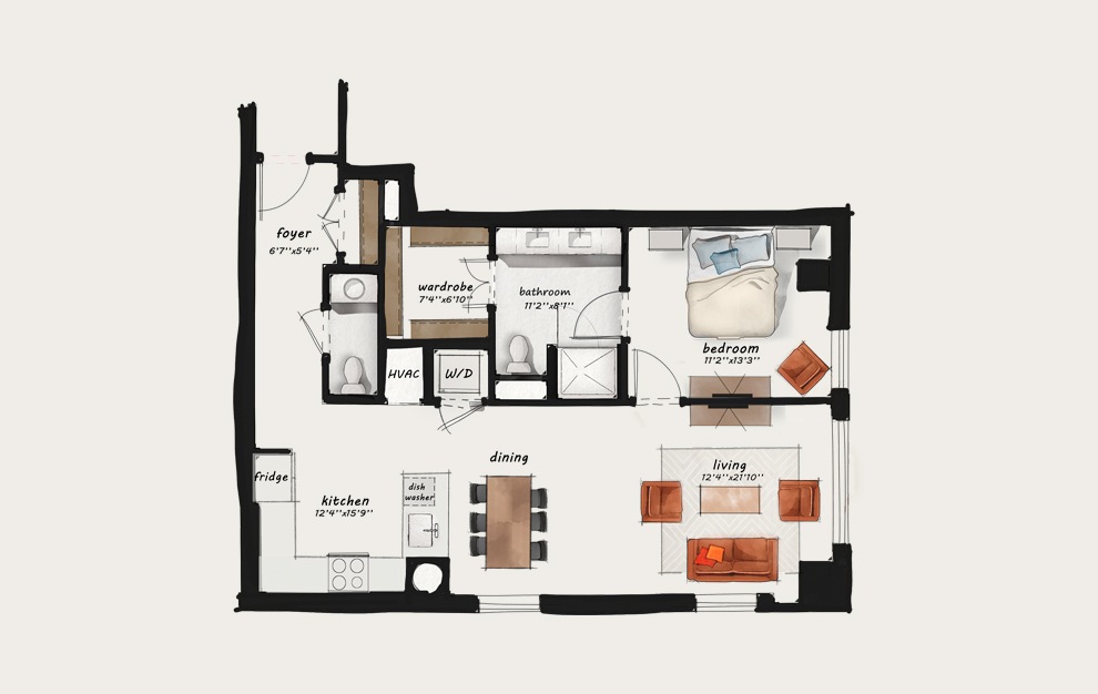 B12 - 1 bedroom floorplan layout with 1 bath and 990 square feet.