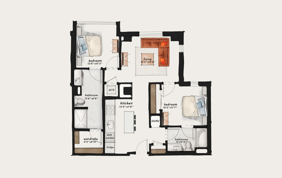 C1 - 2 bedroom floorplan layout with 2 baths and 1024 square feet.