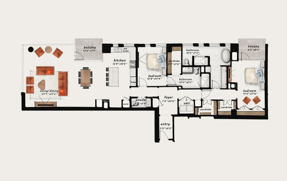 PH7 - 2 bedroom floorplan layout with 2.5 baths and 2215 square feet.