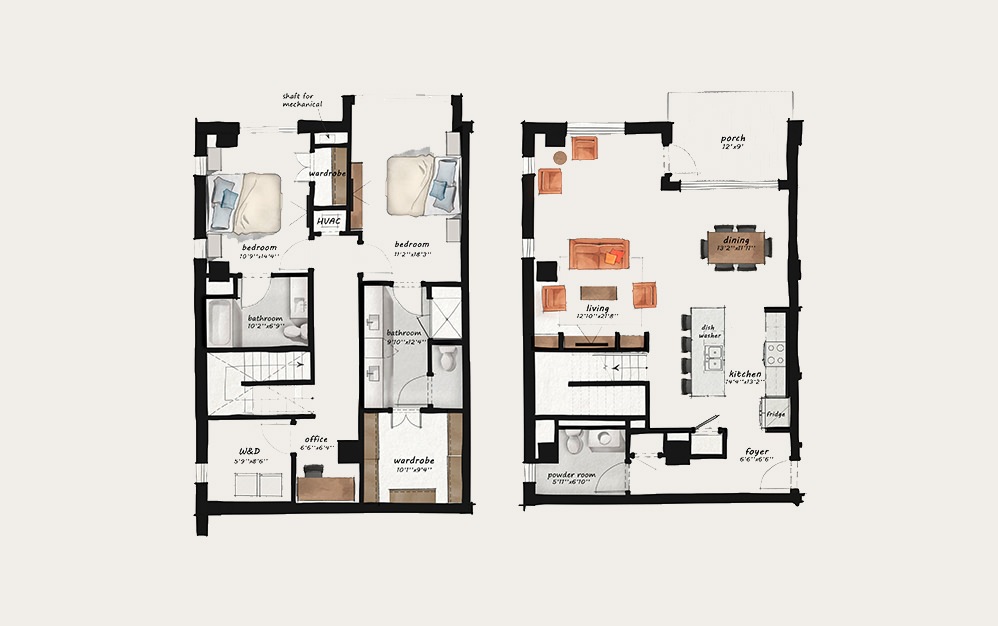 TH1 - 2 bedroom floorplan layout with 2.5 bathrooms and 1990 square feet